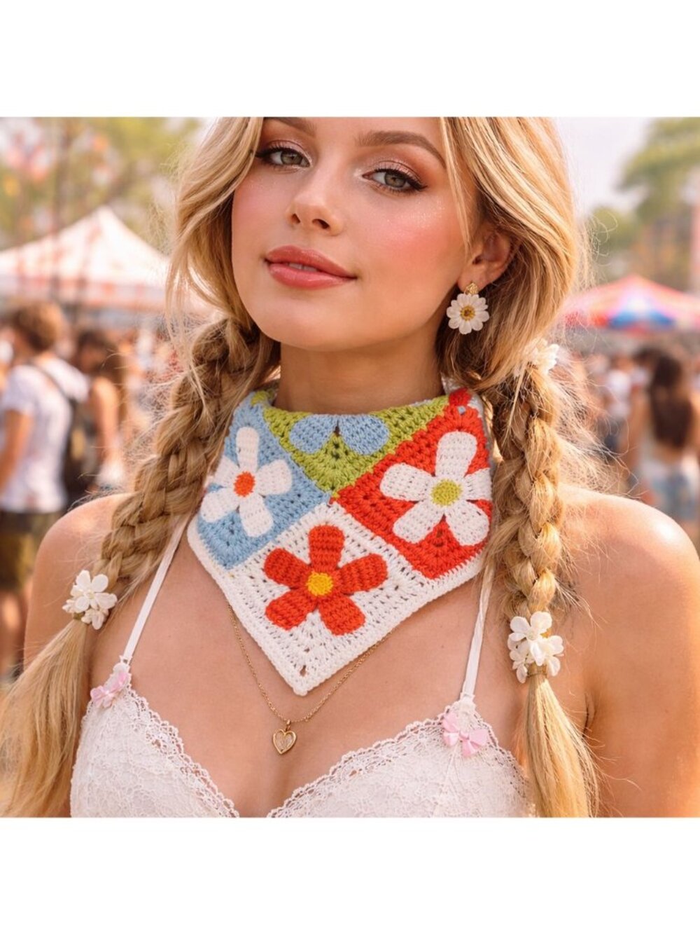 Crochet Flower Bandana Boho Granny Square Headscarf Festival Hair Scarf Cottage